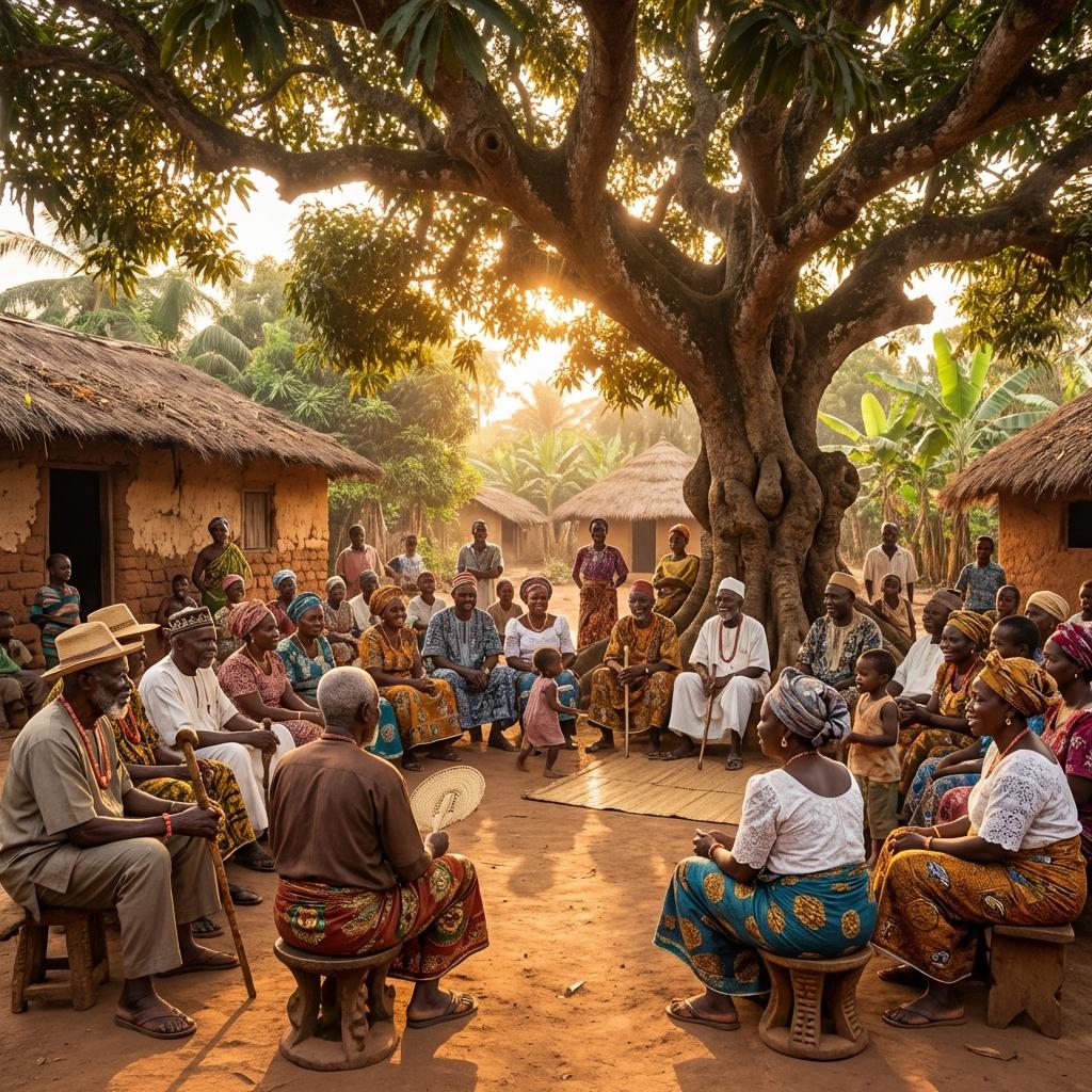 Traditional Igbo community gathering under an ancient tree
